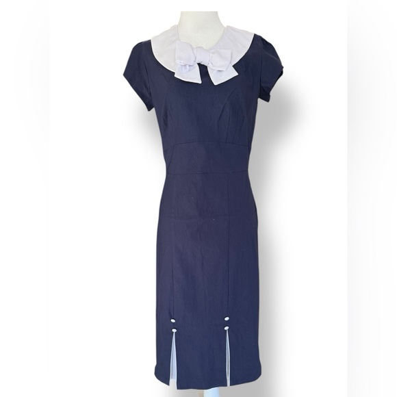 Stop Staring! Ladies XL Nautical‎ Navy Blue Bow Retro Rockabilly Sheath Dress - Picture 1 of 10